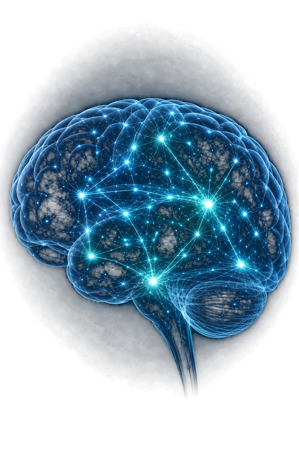 Cérebro translúcido com conexões neuronais luminosas, representando a integração de diferentes funções cognitivas.