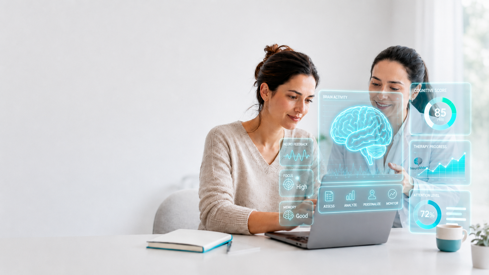 Pessoa a realizar avaliação cognitiva online num computador, com elementos visuais de atenção, memória e funções executivas.