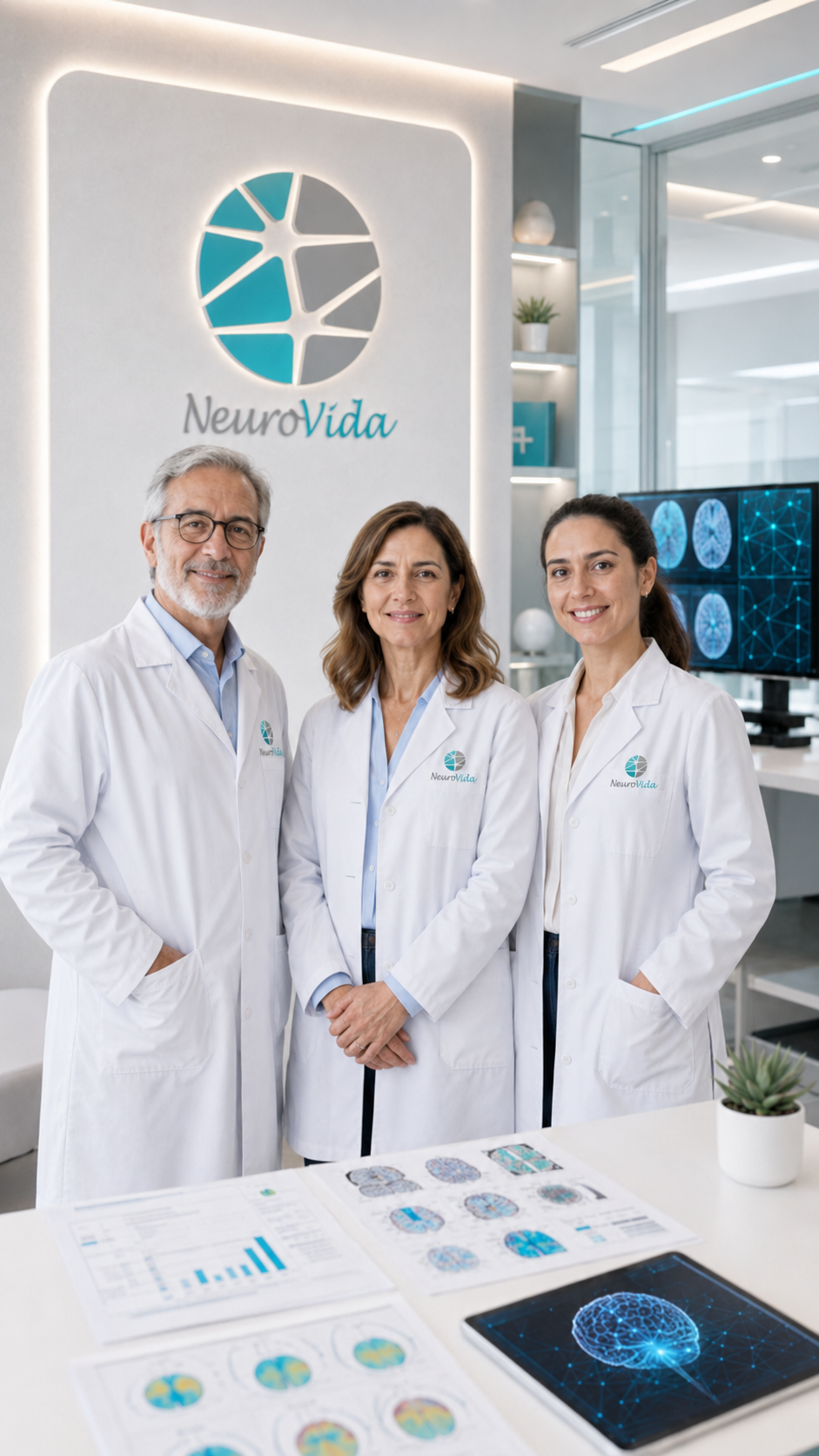 Equipa clínica NeuroVida com médico sénior, terapeuta e neurofisiologista numa sala moderna de avaliação cognitiva.